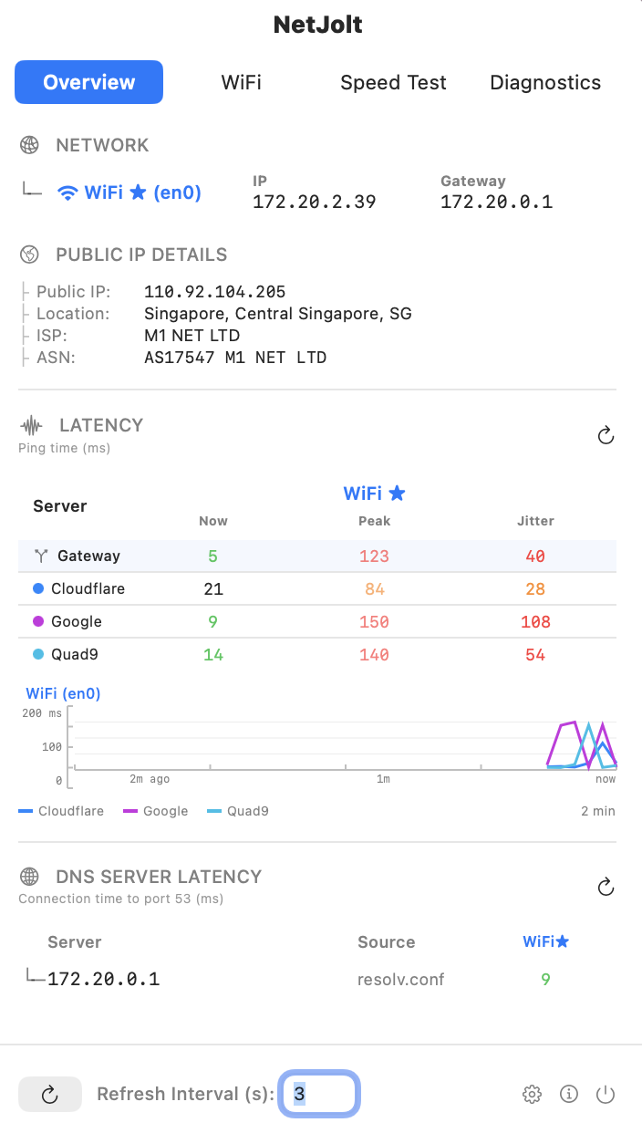 NetJolt macOS Overview tab showing network status, latency, and DNS monitoring