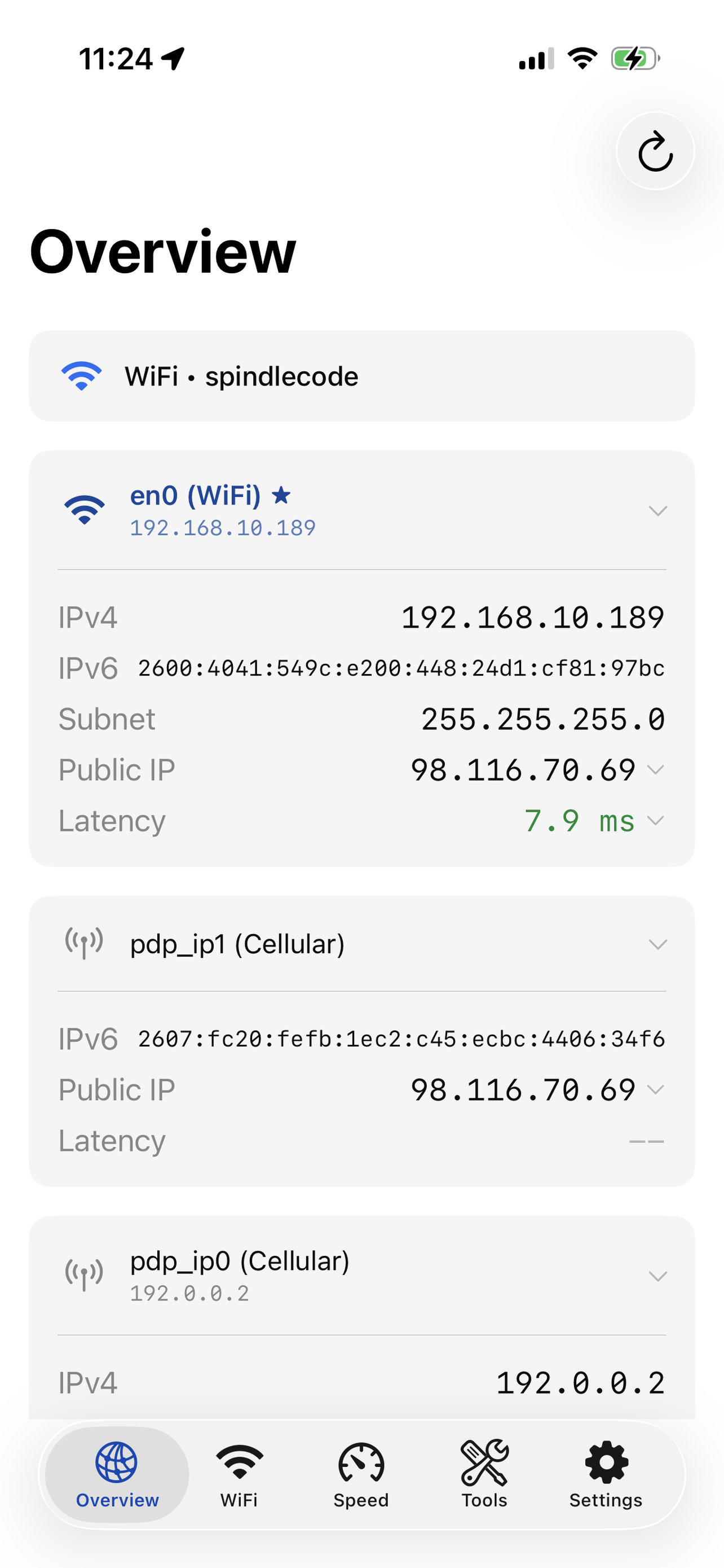 NetJolt iPhone Overview showing network status and latency