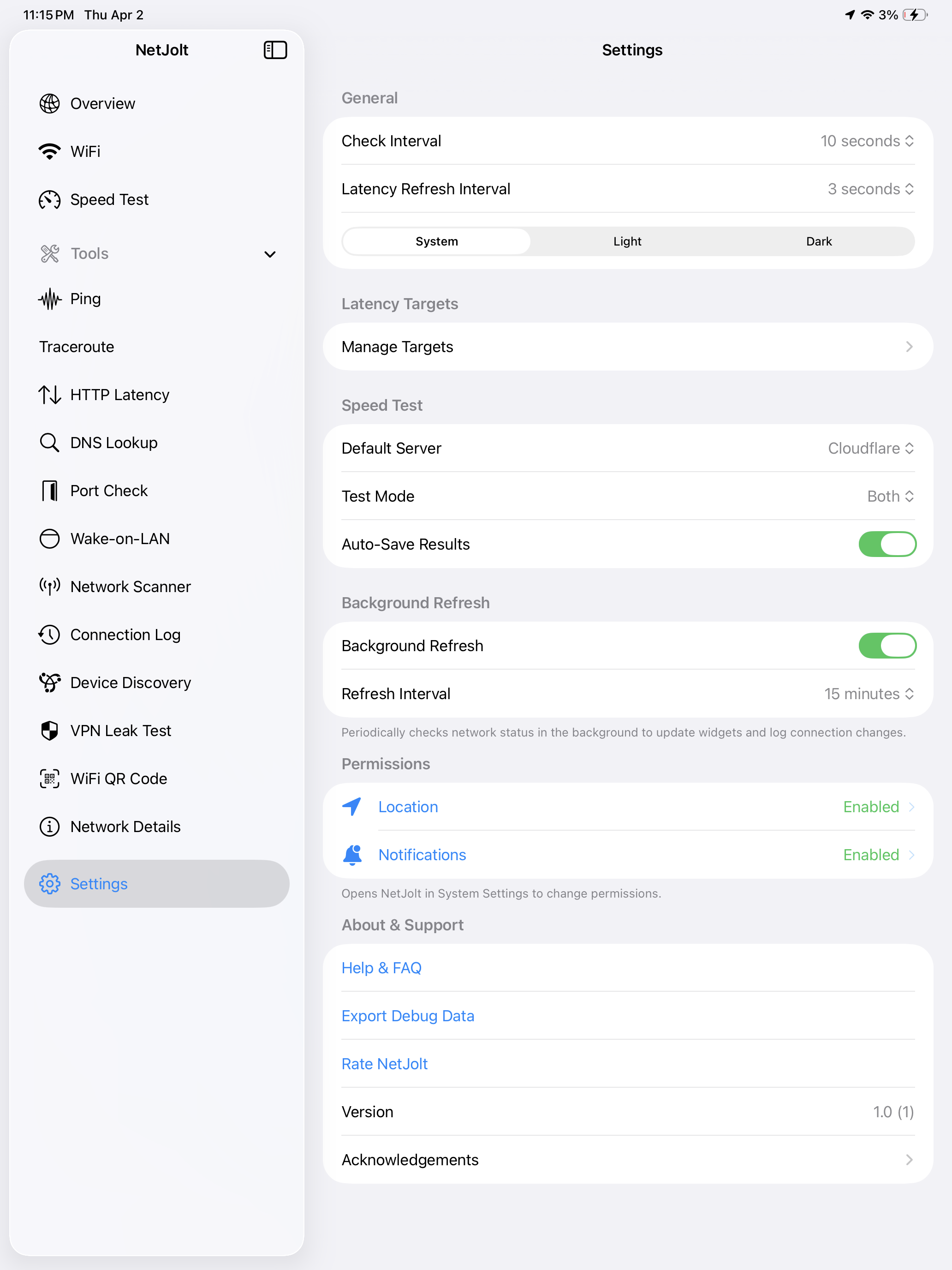 NetJolt iPad settings