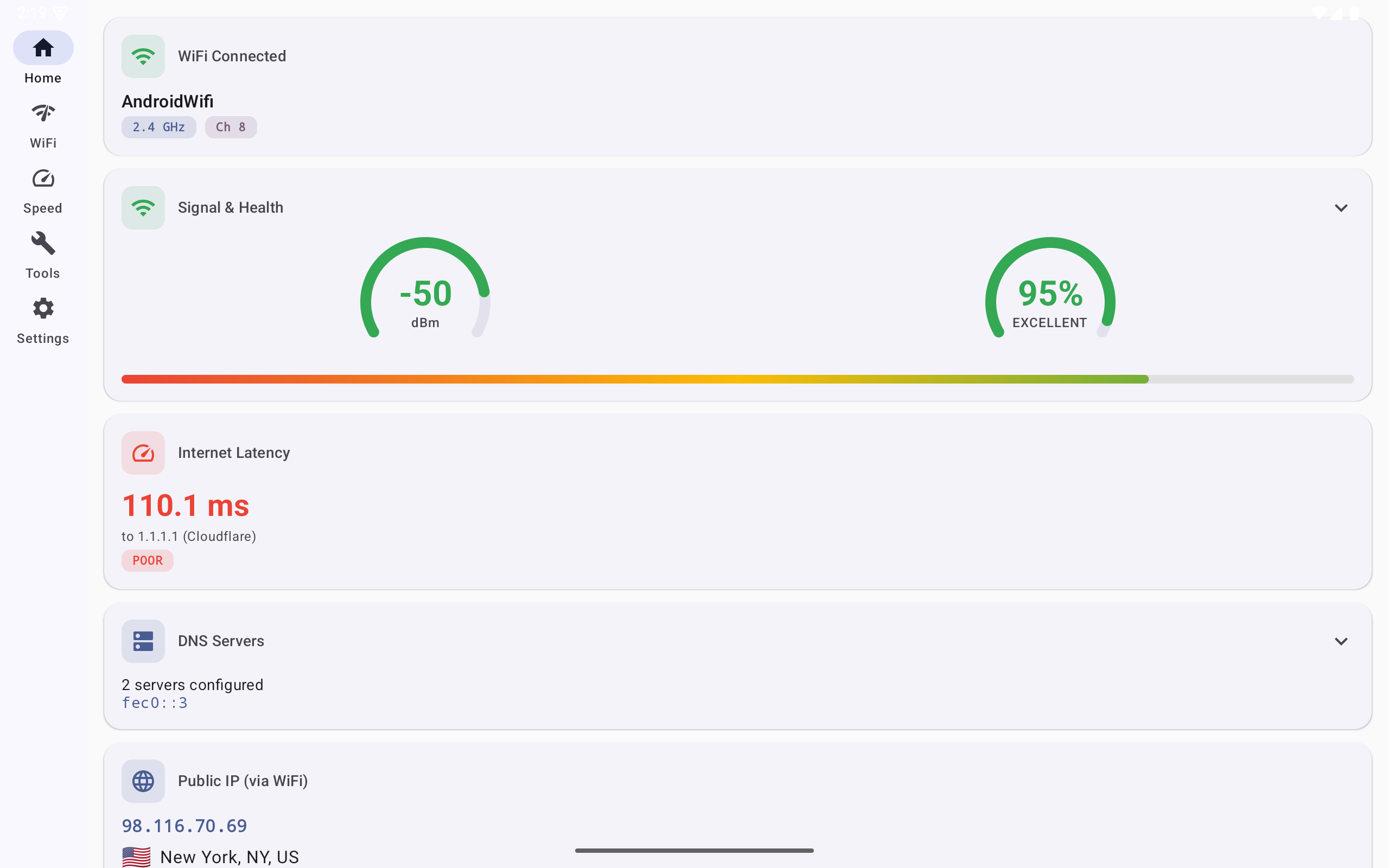 NetJolt Android tablet dashboard with per-interface cards