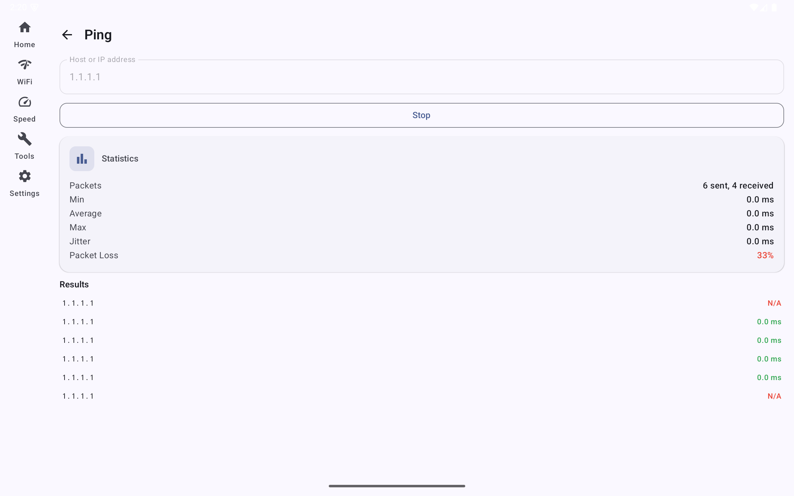 NetJolt Android tablet ping tool with latency graph
